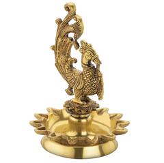 La Creativity Brass Peacock Design Oil Diya with Base for Home Decor (Antique Yellow)