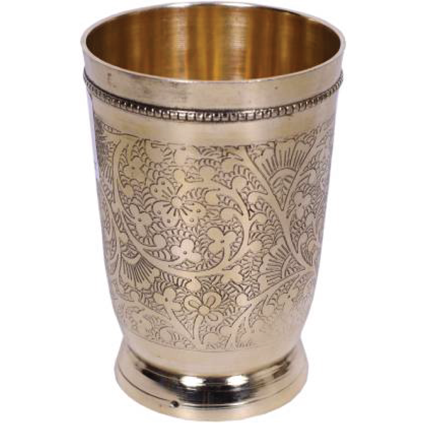 Hand Crafted Carved Antique Brass Glasses Glass Set Water/Juice Glass  (300 ml, Brass, Gold) (Pack of 4)