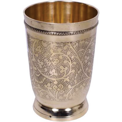 Hand Crafted Carved Antique Brass Glasses Glass Set Water/Juice Glass  (300 ml, Brass, Gold) (Pack of 4)