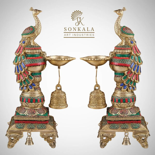 Festivals Designer Brass Peacock Diya With Bells For Home, Size: H-20 Inch