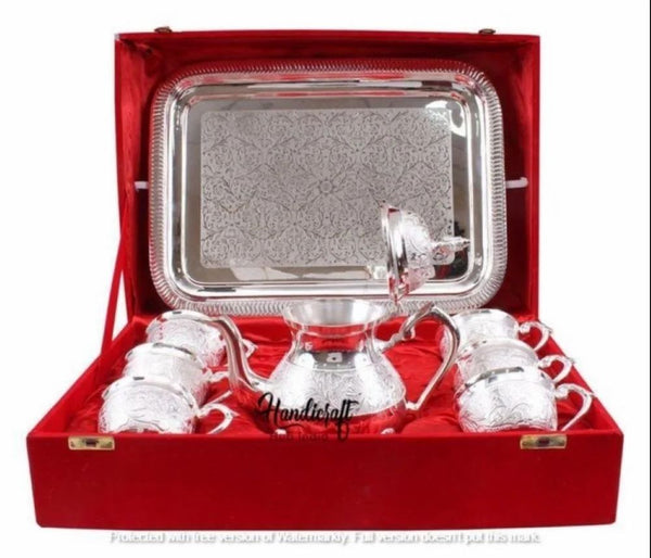 Brass Tea Pot With Cup Set Silver Plated For Home,Gift Purpose