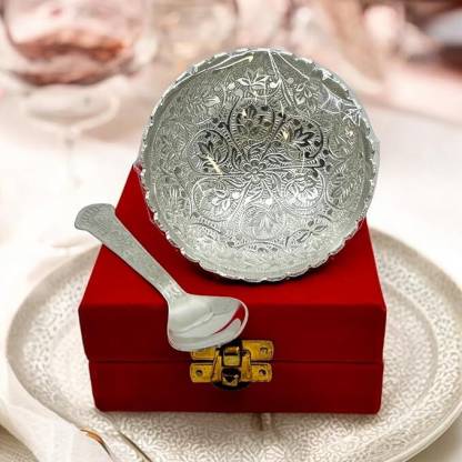Dive Decor Traditional Silver Plated Bowl with Spoon Set | With Floral Design Bowl, Spoon Serving Set  (Pack of 2)