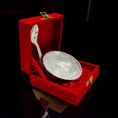 Dive Decor Traditional Silver Plated Bowl with Spoon Set | With Floral Design Bowl, Spoon Serving Set  (Pack of 2)