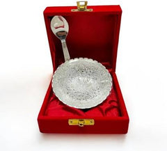 Dive Decor Traditional Silver Plated Bowl with Spoon Set | With Floral Design Bowl, Spoon Serving Set  (Pack of 2)