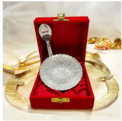 Dive Decor Traditional Silver Plated Bowl with Spoon Set | With Floral Design Bowl, Spoon Serving Set  (Pack of 2)