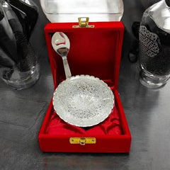 Dive Decor Traditional Silver Plated Bowl with Spoon Set | With Floral Design Bowl, Spoon Serving Set  (Pack of 2)
