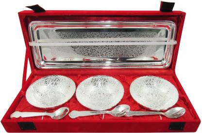 GoldGiftIdeas 4 Inch Silver Plated Three Peacock Tray, Bowl, Spoon Serving Set  (Pack of 7)