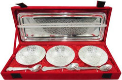 GoldGiftIdeas 4 Inch Silver Plated Three Peacock Tray, Bowl, Spoon Serving Set  (Pack of 7)