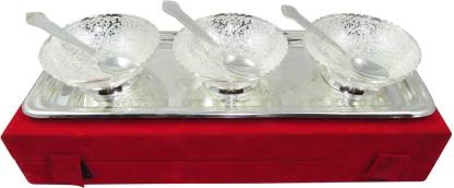 GoldGiftIdeas 4 Inch Silver Plated Three Peacock Tray, Bowl, Spoon Serving Set  (Pack of 7)