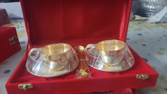 Indian Art Villa Set of 2 Silver Pleated Gold Polished Silver Plated Set of 2 Cup Sauccers with 1 Tray - Serving Tea Tableware Home Hotel Gift item Decorative