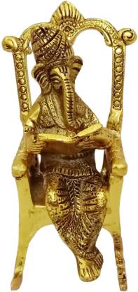 akha RSJ-45_Metal Gold Plated Resting Ganesha Showpieces/Idol On Chair for Home Decor and Gift Purpose Decorative Showpiece - 16 cm  (Brass, Gold)