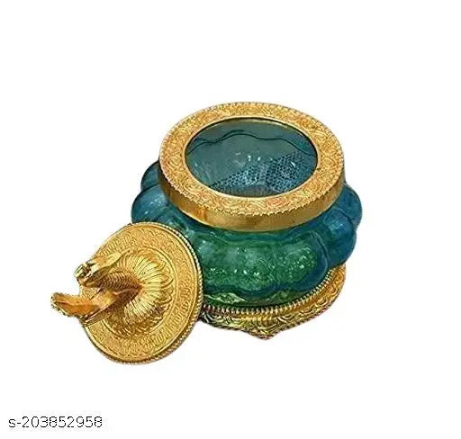 Metal Kuber / Kubera / Laxmi Ji Pot for Pooja and Home Temple Sky Blue (9x11CM)/with toughened Glass/Good Luck/Vastu/Positivity