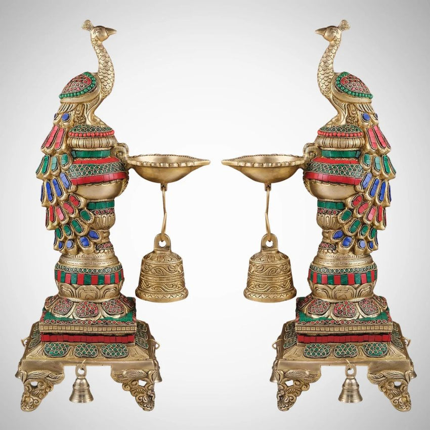 Festivals Designer Brass Peacock Diya With Bells For Home, Size: H-20 Inch