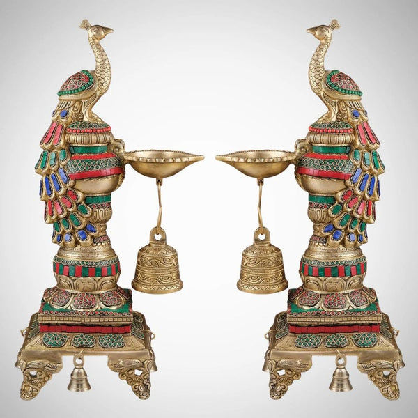 Festivals Designer Brass Peacock Diya With Bells For Home, Size: H-20 Inch
