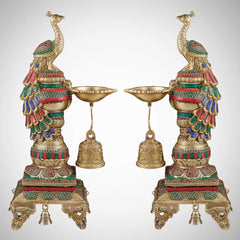Festivals Designer Brass Peacock Diya With Bells For Home, Size: H-20 Inch